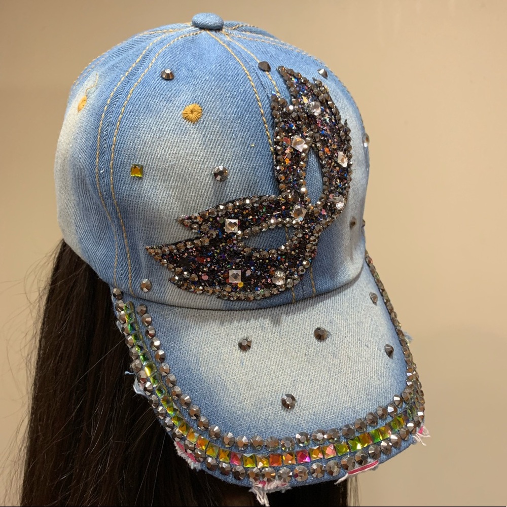 Denim blue jean cap with colorful design and bling